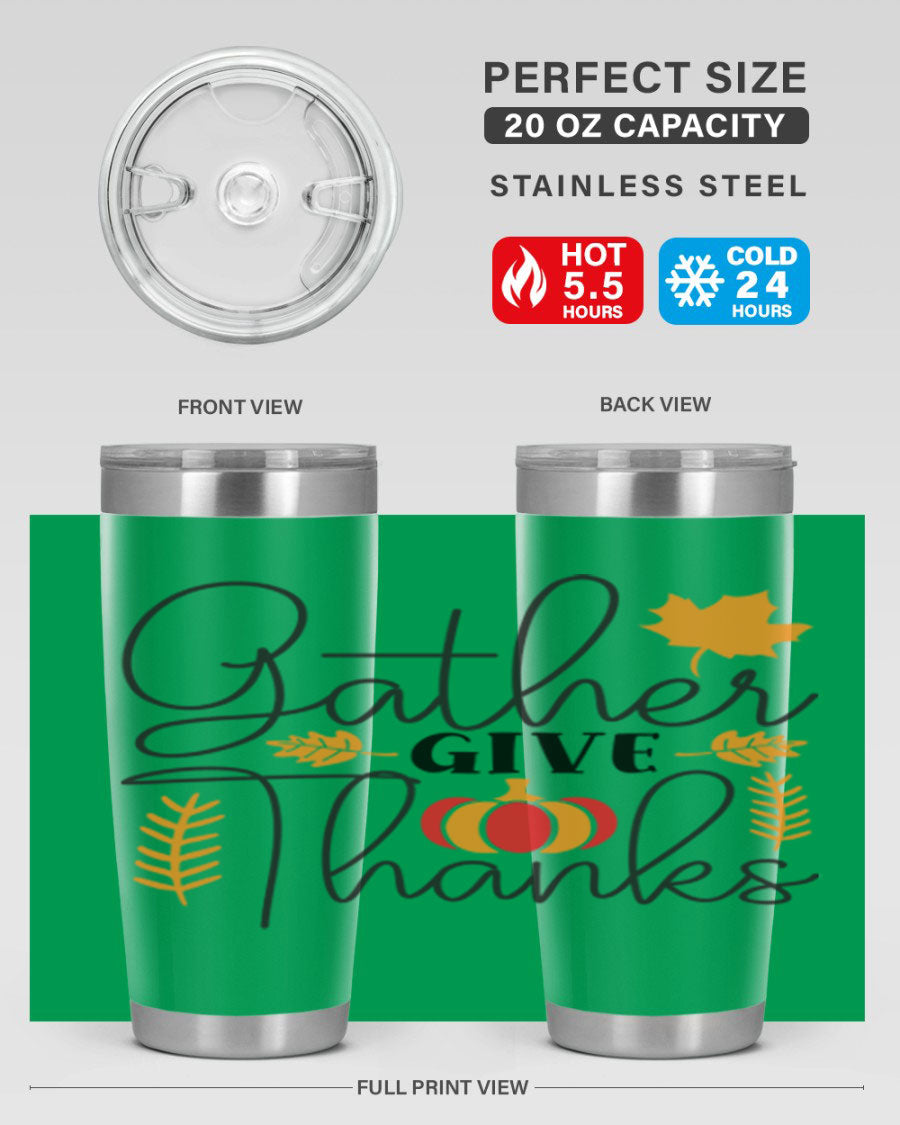 Gathergivethanks 191# fall tumbler in stainless steel with a drink-thru lid, showcasing its sleek design and double wall vacuum insulation.