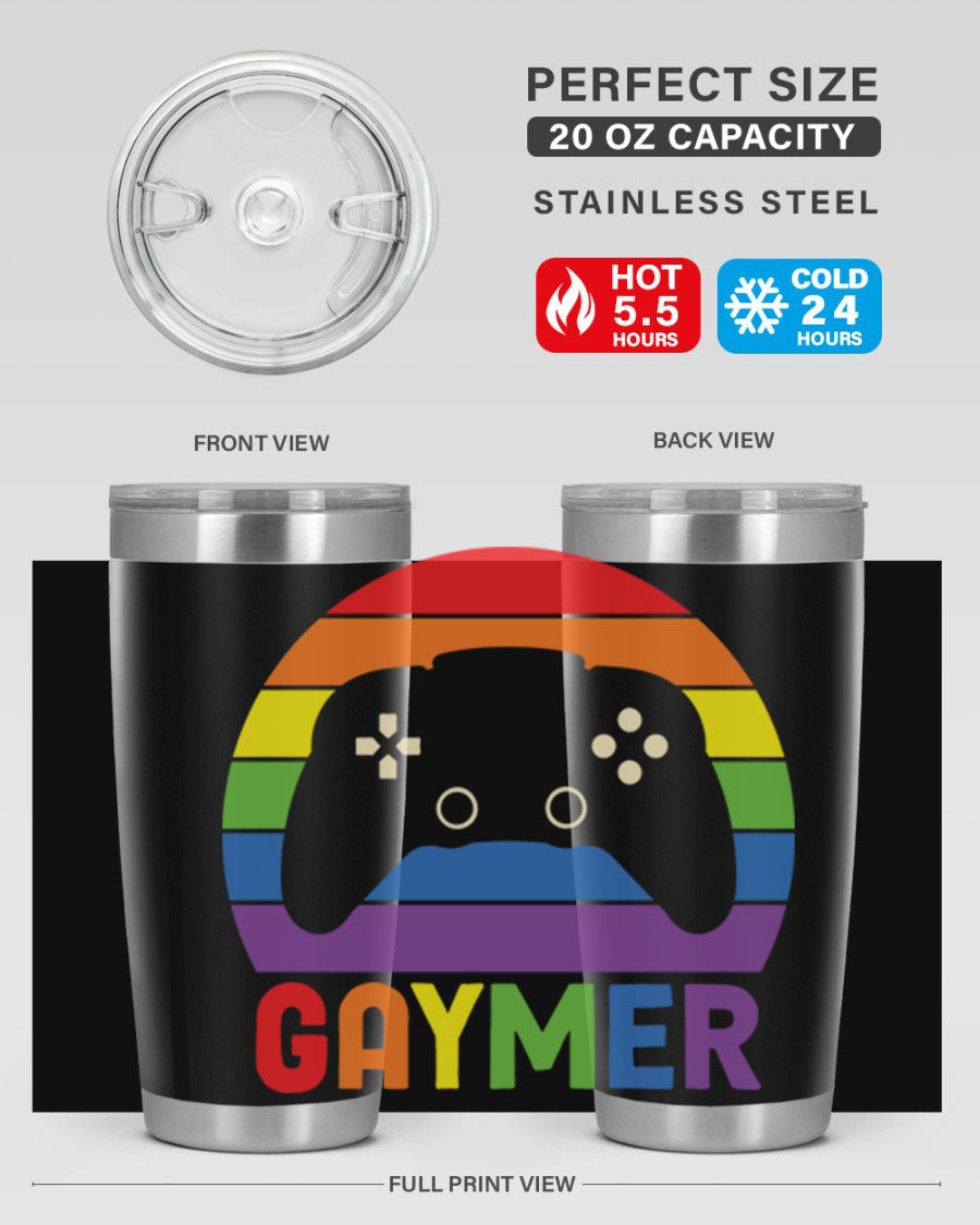 Gaymer LGBT Gamer Rainbow Flag Tumbler showcasing vibrant colors and double wall stainless steel design, perfect for hot and cold beverages.