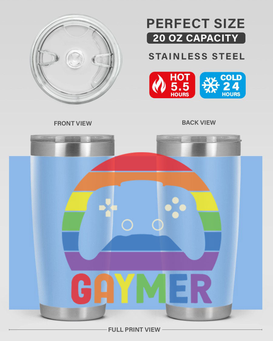 Gaymer LGBT Gamer Rainbow Flag Tumbler showcasing vibrant colors and double wall stainless steel design, perfect for hot and cold beverages.