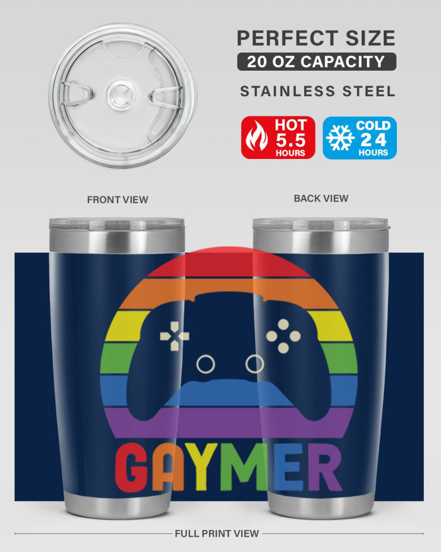 Gaymer LGBT Gamer Rainbow Flag Tumbler showcasing vibrant colors and double wall stainless steel design, perfect for hot and cold beverages.