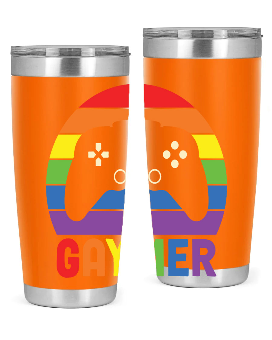 Gaymer LGBT Gamer Rainbow Flag Tumbler showcasing vibrant colors and double wall stainless steel design, perfect for hot and cold beverages.