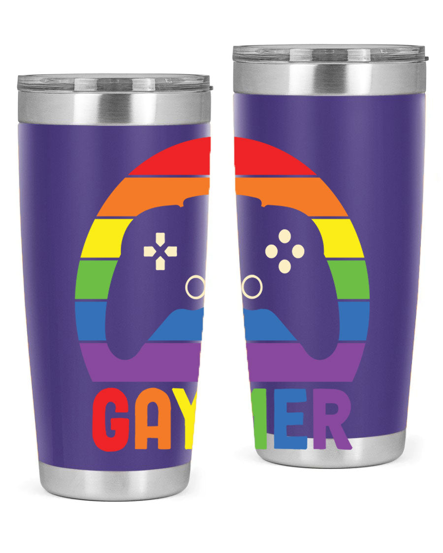 Gaymer LGBT Gamer Rainbow Flag Tumbler showcasing vibrant colors and double wall stainless steel design, perfect for hot and cold beverages.