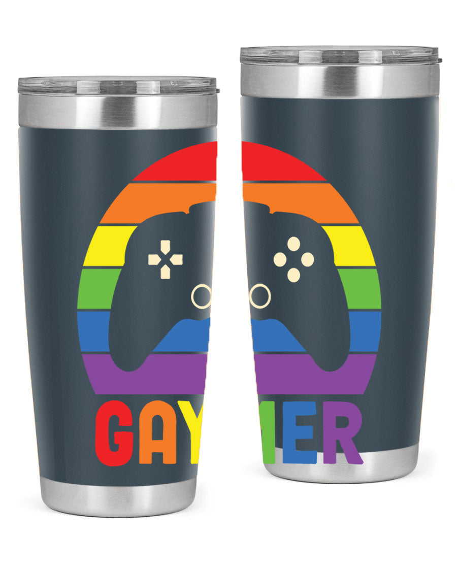 Gaymer LGBT Gamer Rainbow Flag Tumbler showcasing vibrant colors and double wall stainless steel design, perfect for hot and cold beverages.