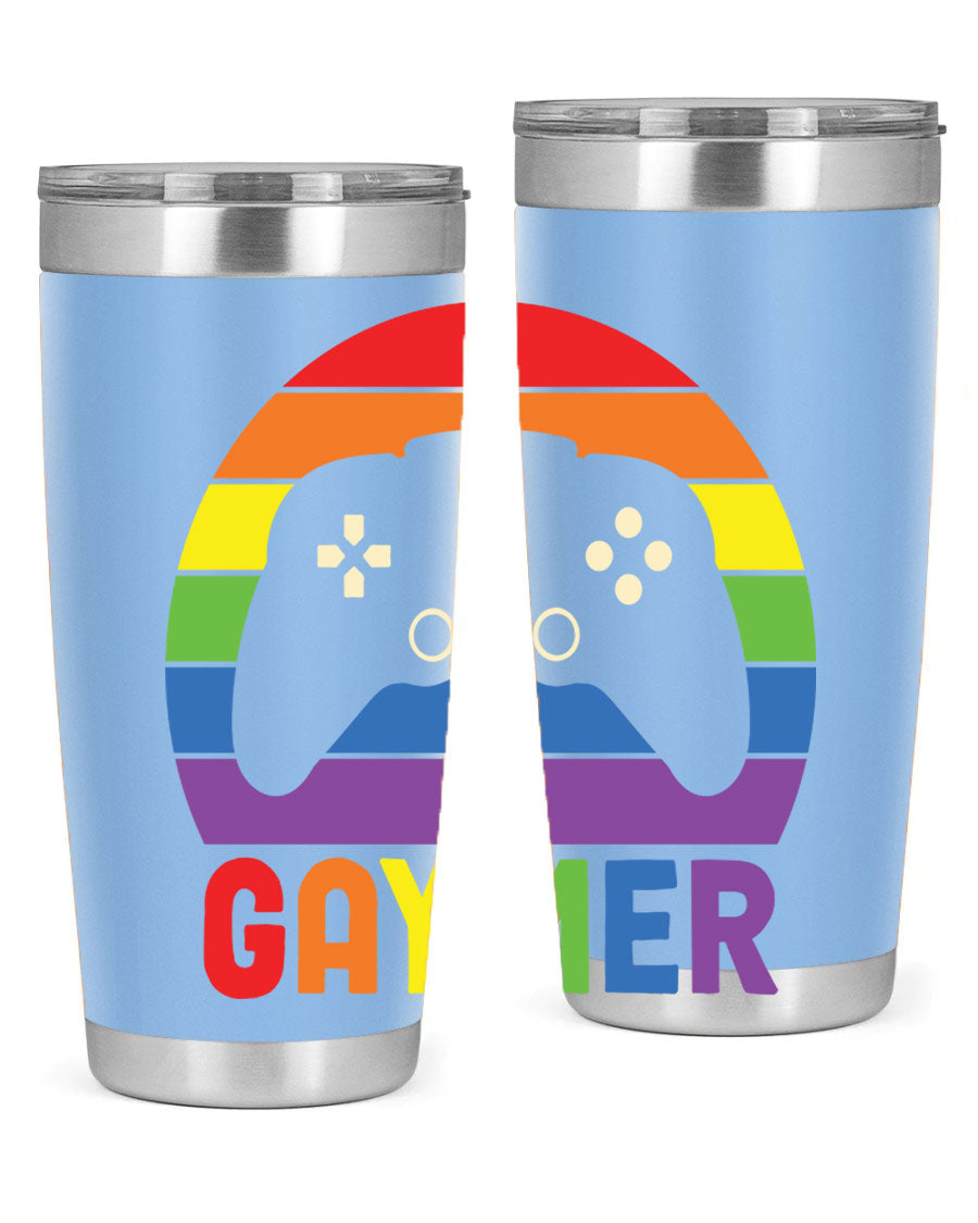 Gaymer LGBT Gamer Rainbow Flag Tumbler showcasing vibrant colors and double wall stainless steel design, perfect for hot and cold beverages.