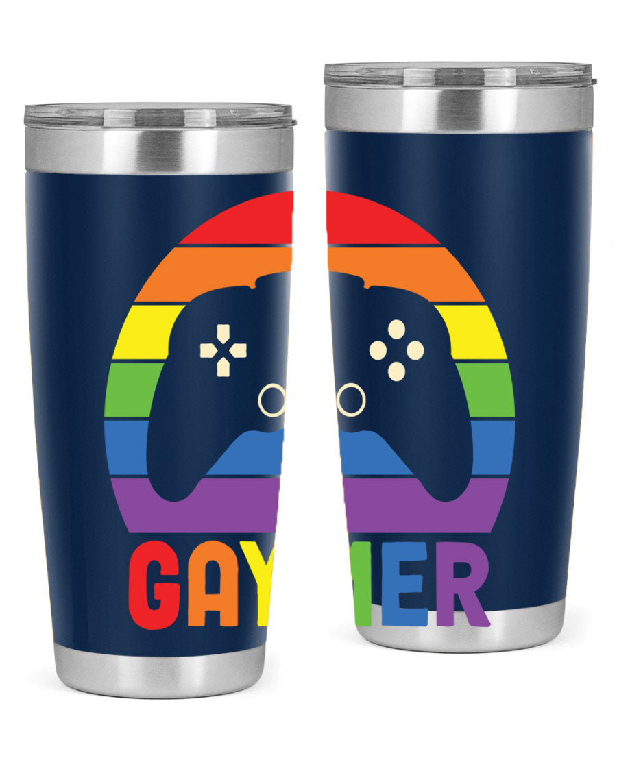 Gaymer LGBT Gamer Rainbow Flag Tumbler showcasing vibrant colors and double wall stainless steel design, perfect for hot and cold beverages.