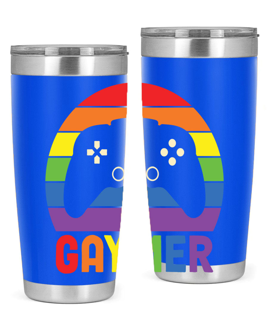 Gaymer LGBT Gamer Rainbow Flag Tumbler showcasing vibrant colors and double wall stainless steel design, perfect for hot and cold beverages.
