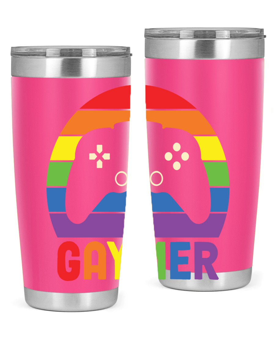 Gaymer LGBT Gamer Rainbow Flag Tumbler showcasing vibrant colors and double wall stainless steel design, perfect for hot and cold beverages.