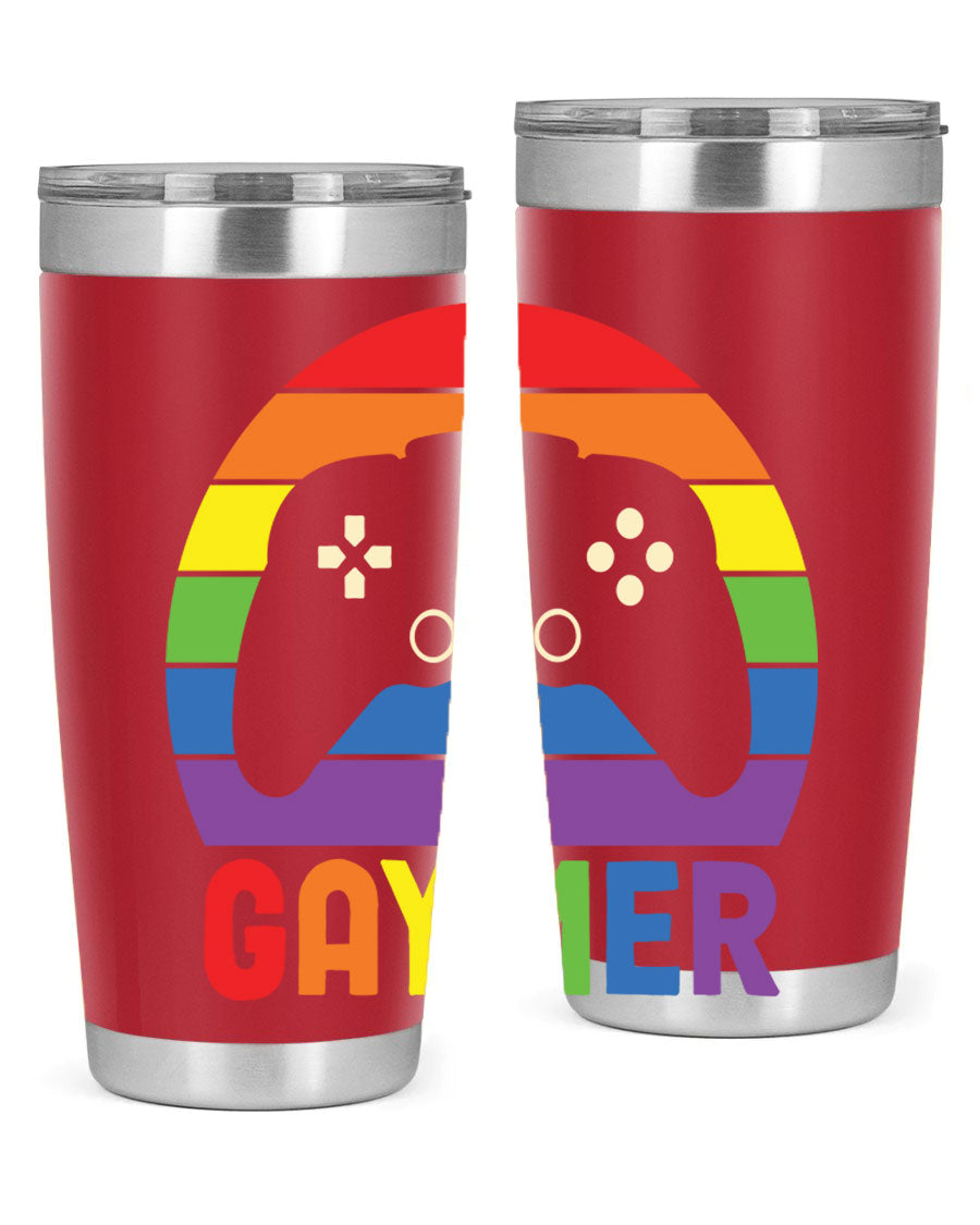 Gaymer LGBT Gamer Rainbow Flag Tumbler showcasing vibrant colors and double wall stainless steel design, perfect for hot and cold beverages.
