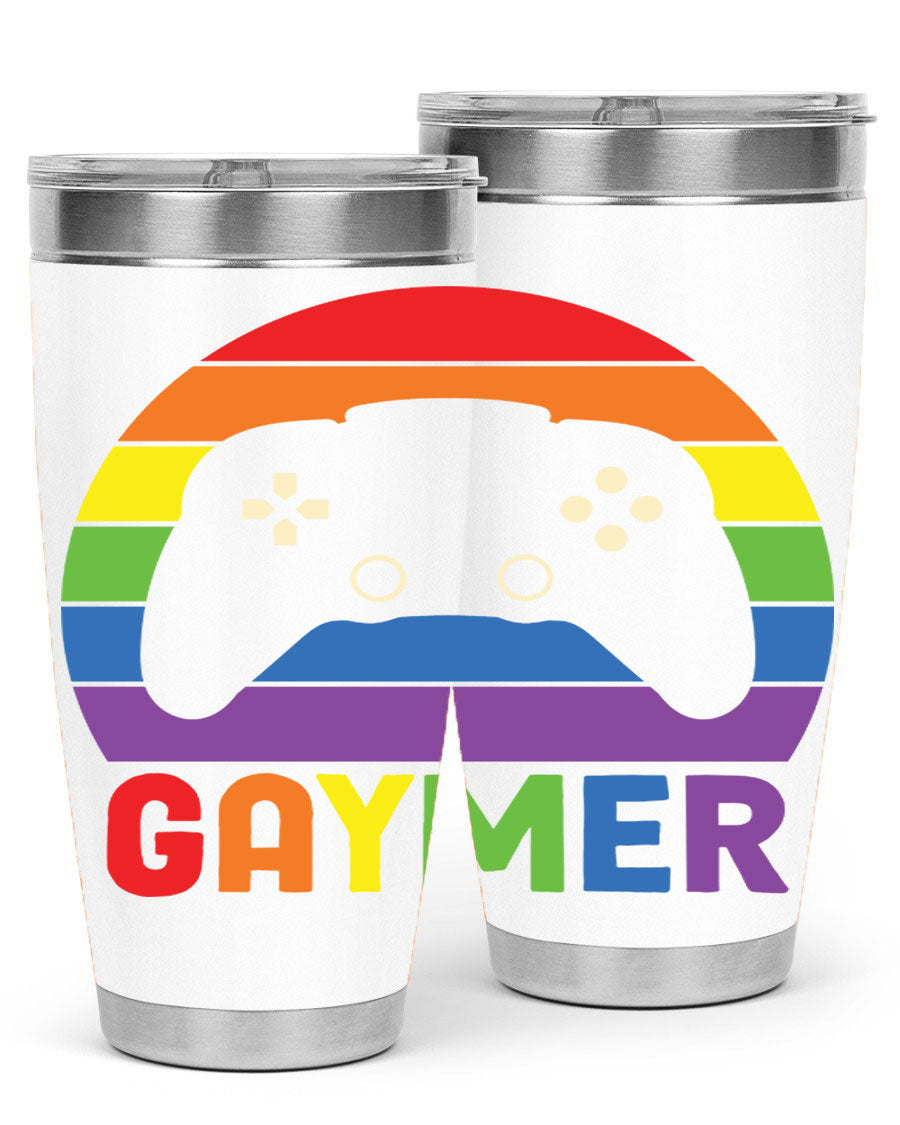 Gaymer LGBT Gamer Rainbow Flag Tumbler showcasing vibrant colors and double wall stainless steel design, perfect for hot and cold beverages.