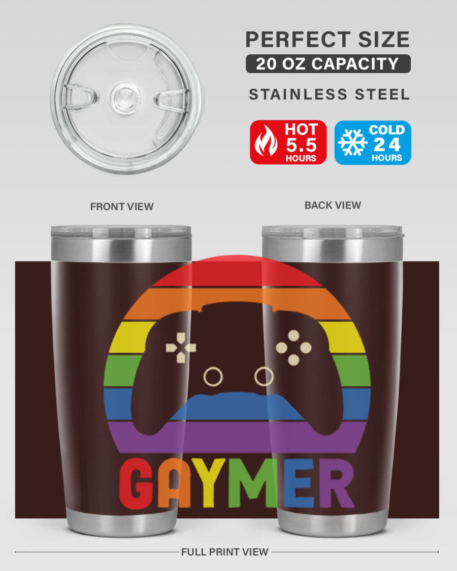 Gaymer LGBT Gamer Rainbow Flag Tumbler showcasing vibrant colors and double wall stainless steel design, perfect for hot and cold beverages.