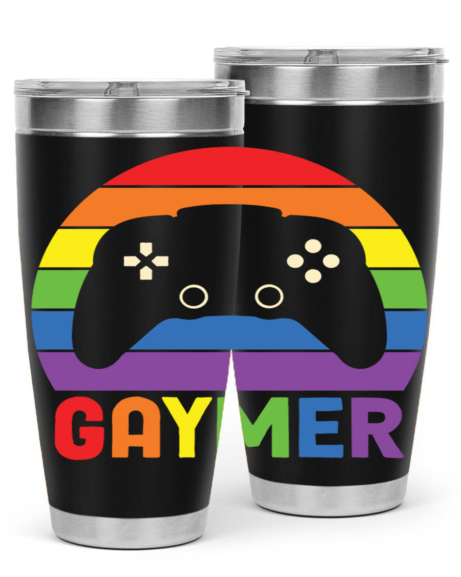 Gaymer LGBT Gamer Rainbow Flag Tumbler showcasing vibrant colors and double wall stainless steel design, perfect for hot and cold beverages.