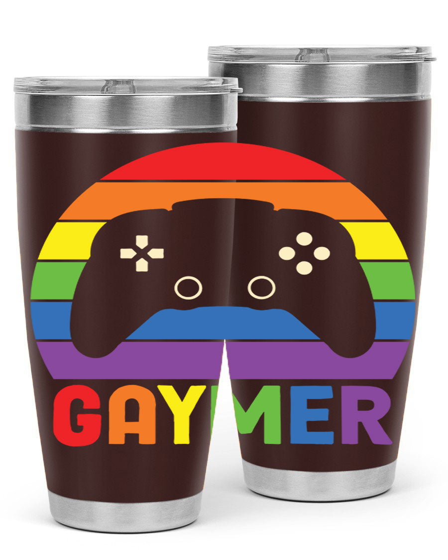 Gaymer LGBT Gamer Rainbow Flag Tumbler showcasing vibrant colors and double wall stainless steel design, perfect for hot and cold beverages.