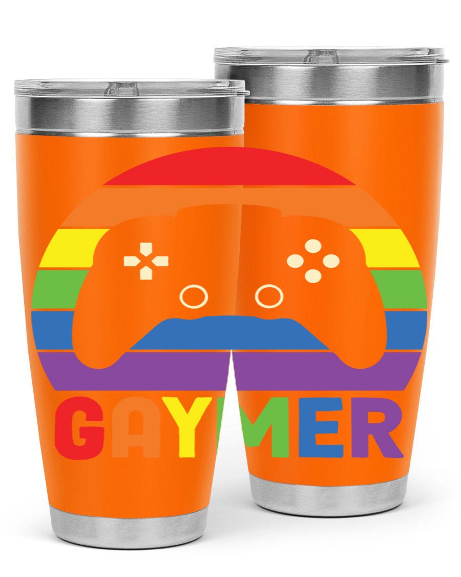 Gaymer LGBT Gamer Rainbow Flag Tumbler showcasing vibrant colors and double wall stainless steel design, perfect for hot and cold beverages.