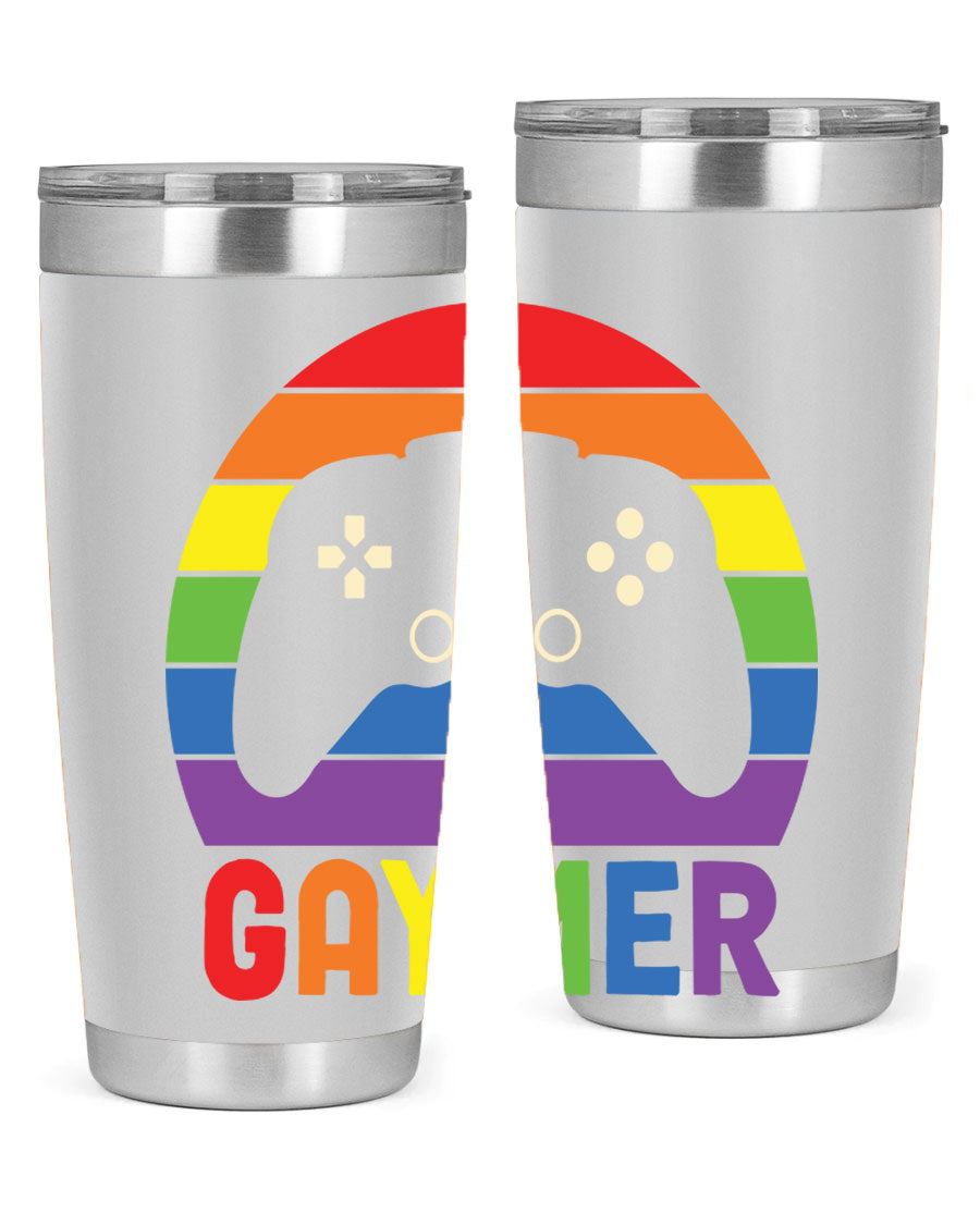 Gaymer LGBT Gamer Rainbow Flag Tumbler showcasing vibrant colors and double wall stainless steel design, perfect for hot and cold beverages.