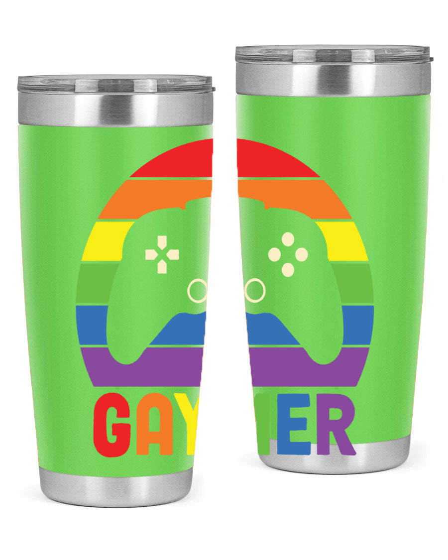 Gaymer LGBT Gamer Rainbow Flag Tumbler showcasing vibrant colors and double wall stainless steel design, perfect for hot and cold beverages.