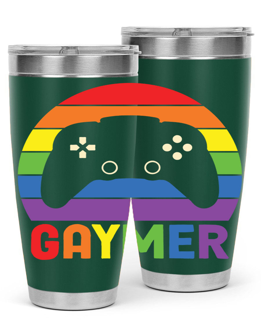 Gaymer LGBT Gamer Rainbow Flag Tumbler showcasing vibrant colors and double wall stainless steel design, perfect for hot and cold beverages.
