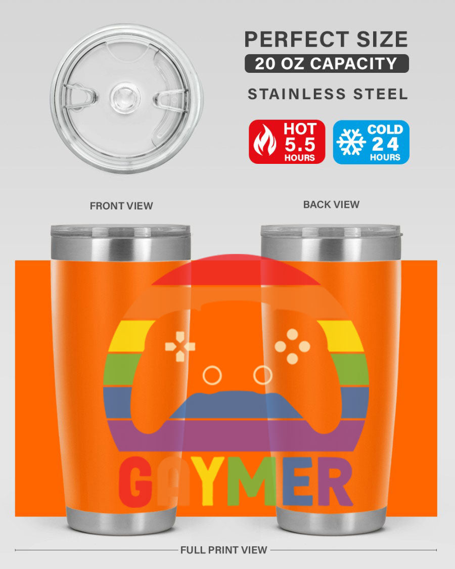 Gaymer LGBT Gamer Rainbow Flag Tumbler showcasing vibrant colors and double wall stainless steel design, perfect for hot and cold beverages.