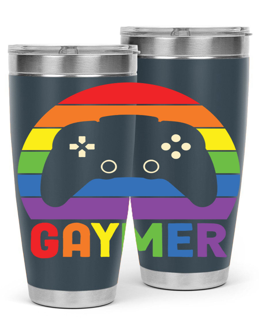 Gaymer LGBT Gamer Rainbow Flag Tumbler showcasing vibrant colors and double wall stainless steel design, perfect for hot and cold beverages.