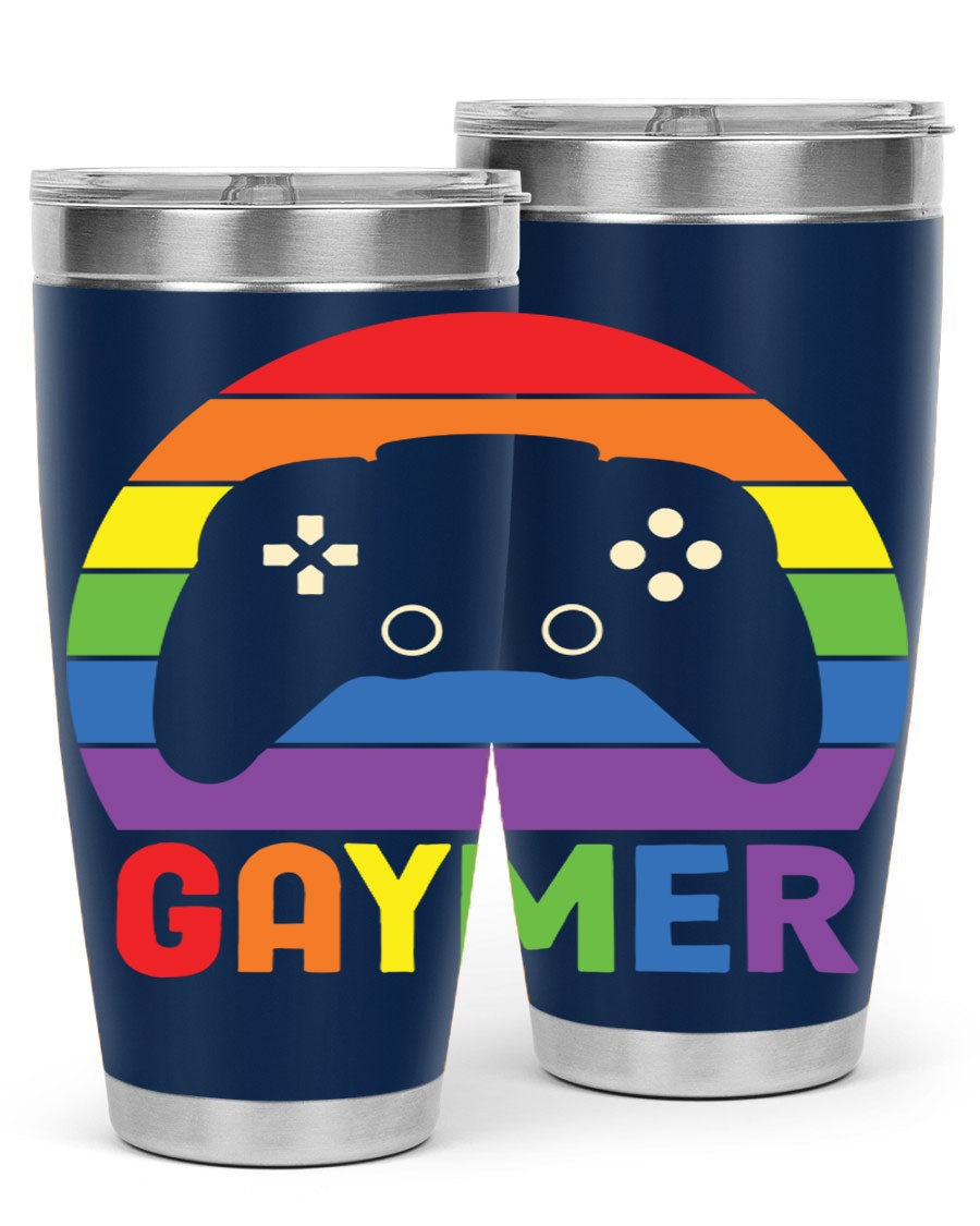 Gaymer LGBT Gamer Rainbow Flag Tumbler showcasing vibrant colors and double wall stainless steel design, perfect for hot and cold beverages.