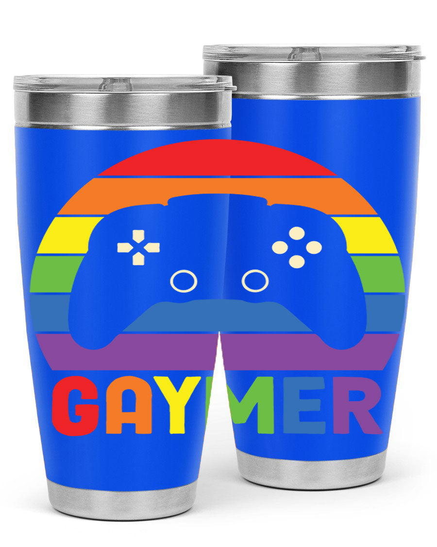 Gaymer LGBT Gamer Rainbow Flag Tumbler showcasing vibrant colors and double wall stainless steel design, perfect for hot and cold beverages.