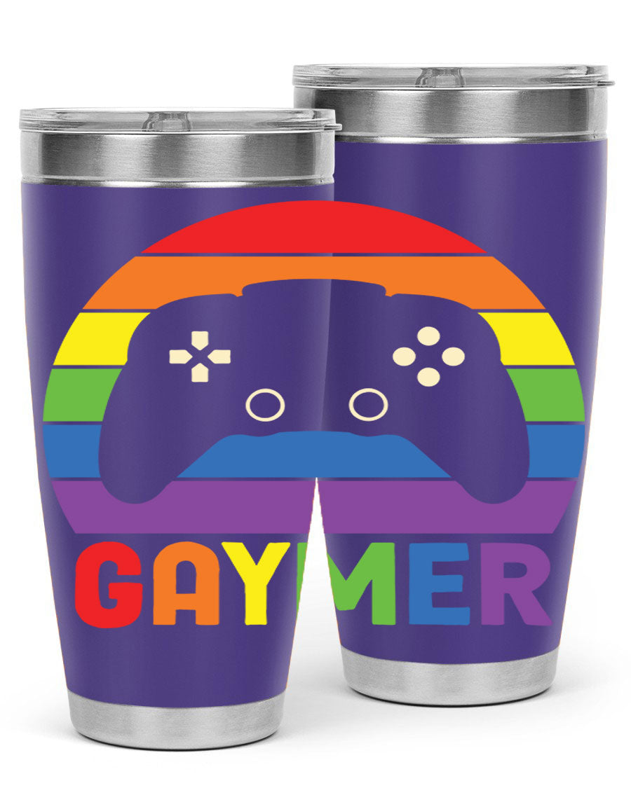 Gaymer LGBT Gamer Rainbow Flag Tumbler showcasing vibrant colors and double wall stainless steel design, perfect for hot and cold beverages.