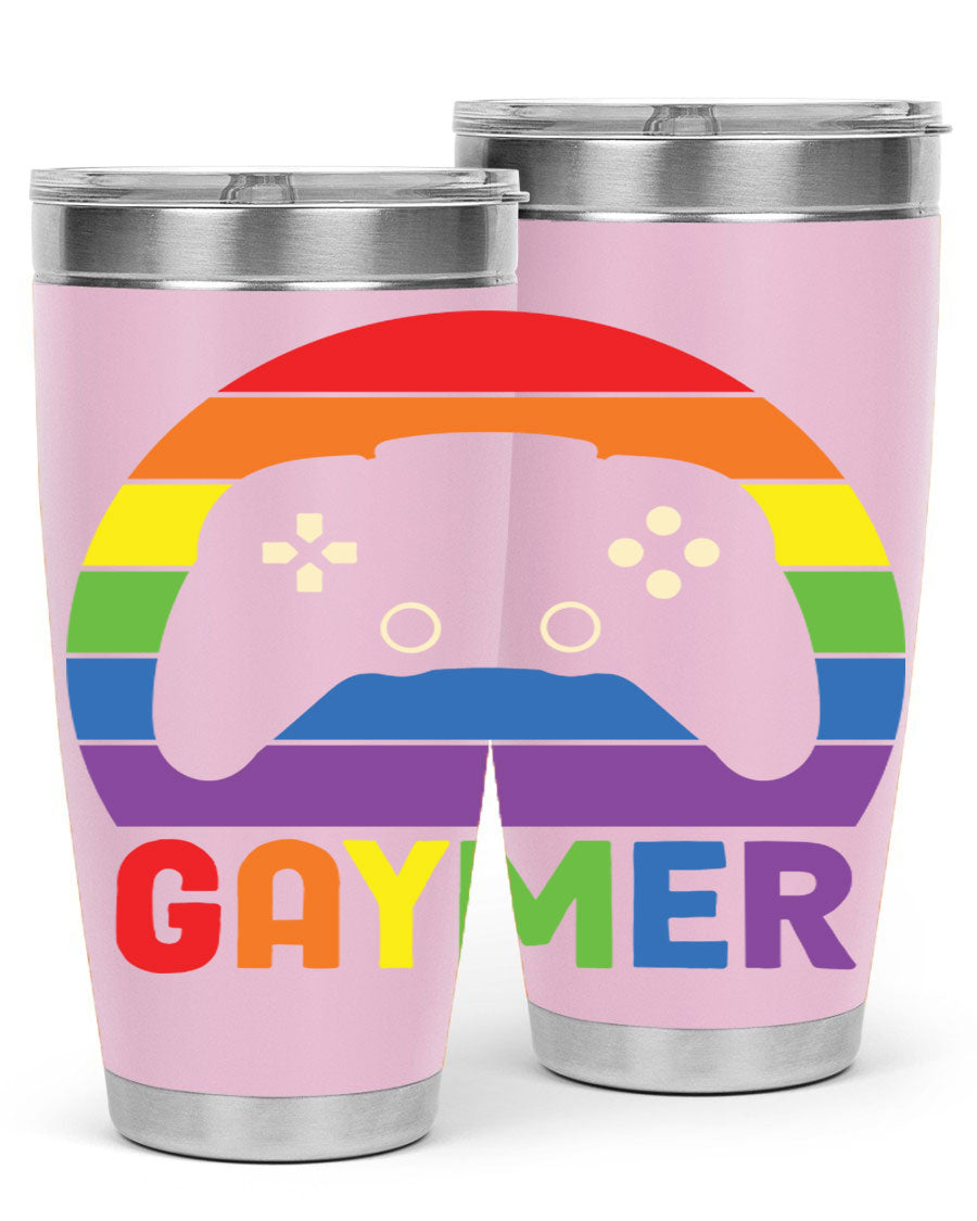 Gaymer LGBT Gamer Rainbow Flag Tumbler showcasing vibrant colors and double wall stainless steel design, perfect for hot and cold beverages.