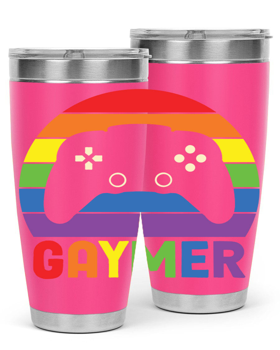 Gaymer LGBT Gamer Rainbow Flag Tumbler showcasing vibrant colors and double wall stainless steel design, perfect for hot and cold beverages.