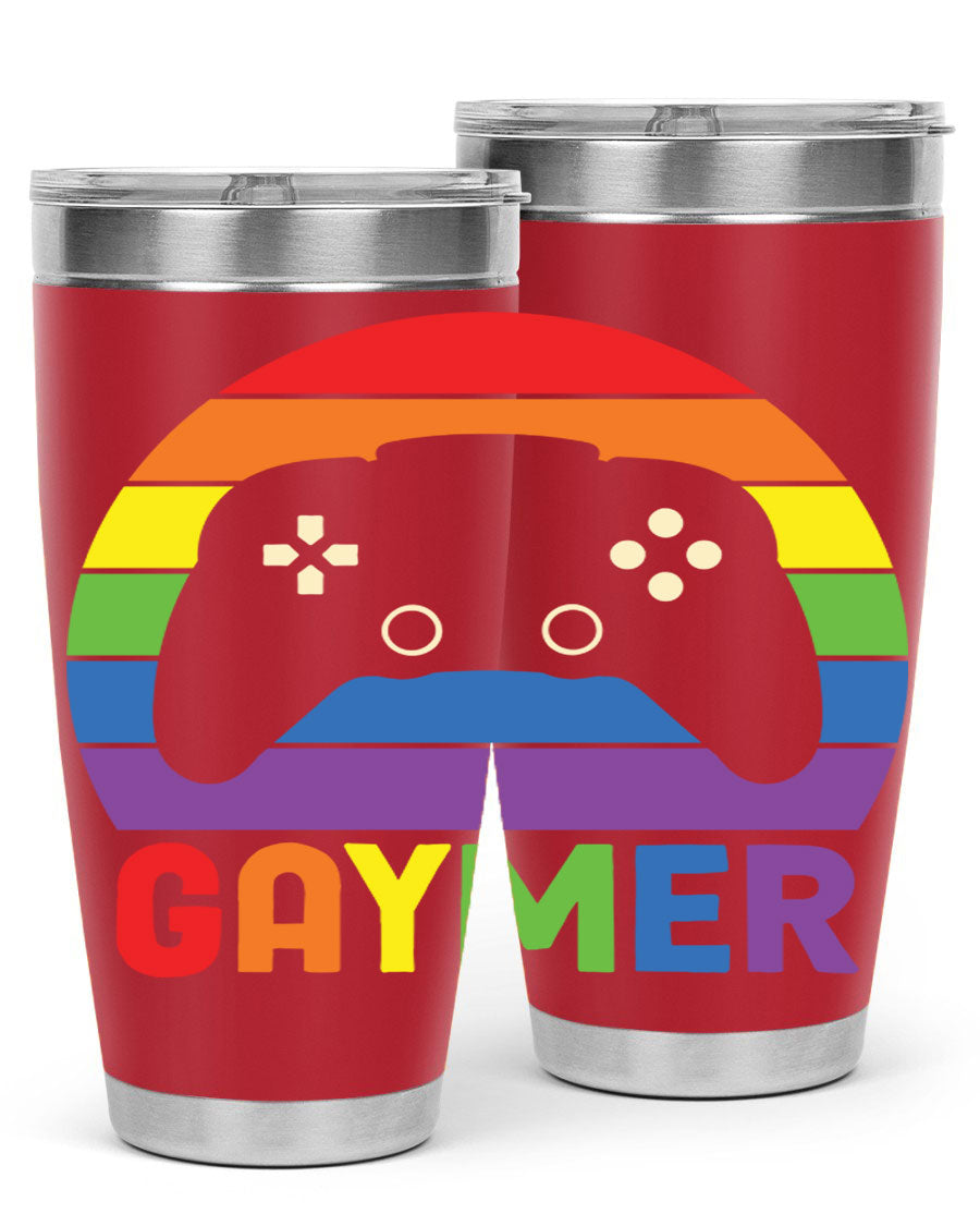 Gaymer LGBT Gamer Rainbow Flag Tumbler showcasing vibrant colors and double wall stainless steel design, perfect for hot and cold beverages.