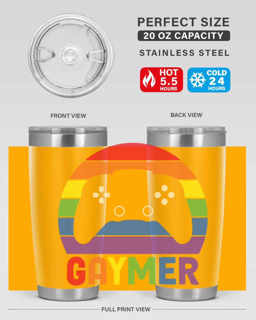 Gaymer LGBT Gamer Rainbow Flag Tumbler showcasing vibrant colors and double wall stainless steel design, perfect for hot and cold beverages.