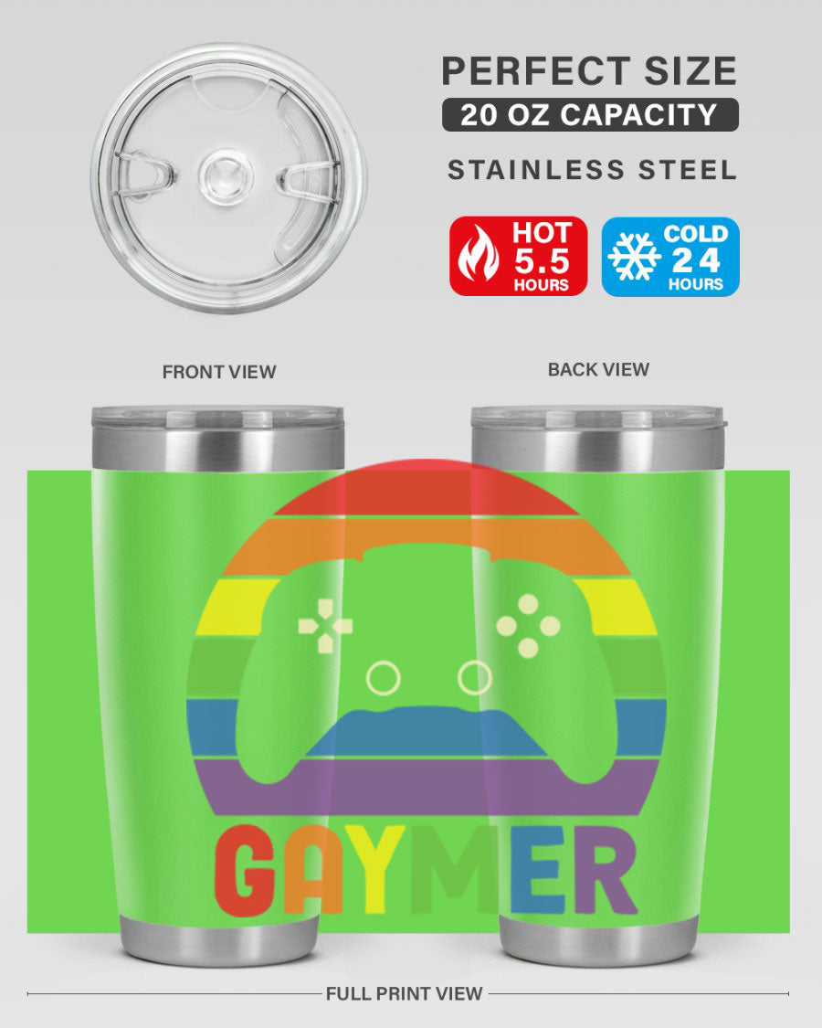 Gaymer LGBT Gamer Rainbow Flag Tumbler showcasing vibrant colors and double wall stainless steel design, perfect for hot and cold beverages.