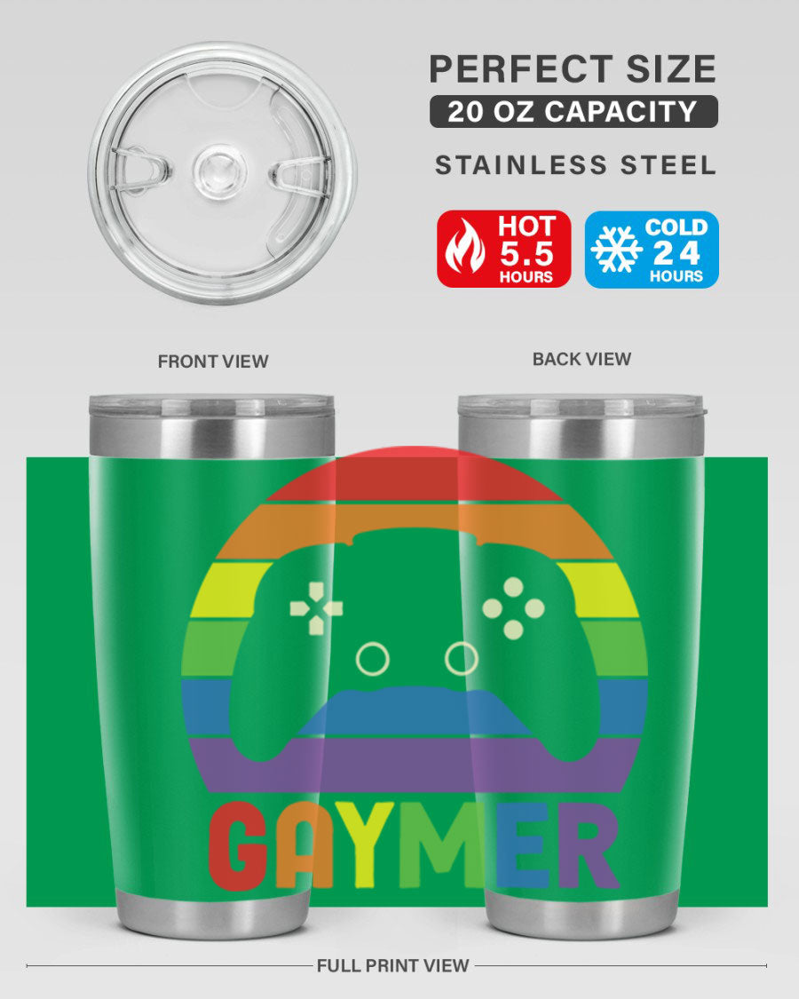 Gaymer LGBT Gamer Rainbow Flag Tumbler showcasing vibrant colors and double wall stainless steel design, perfect for hot and cold beverages.