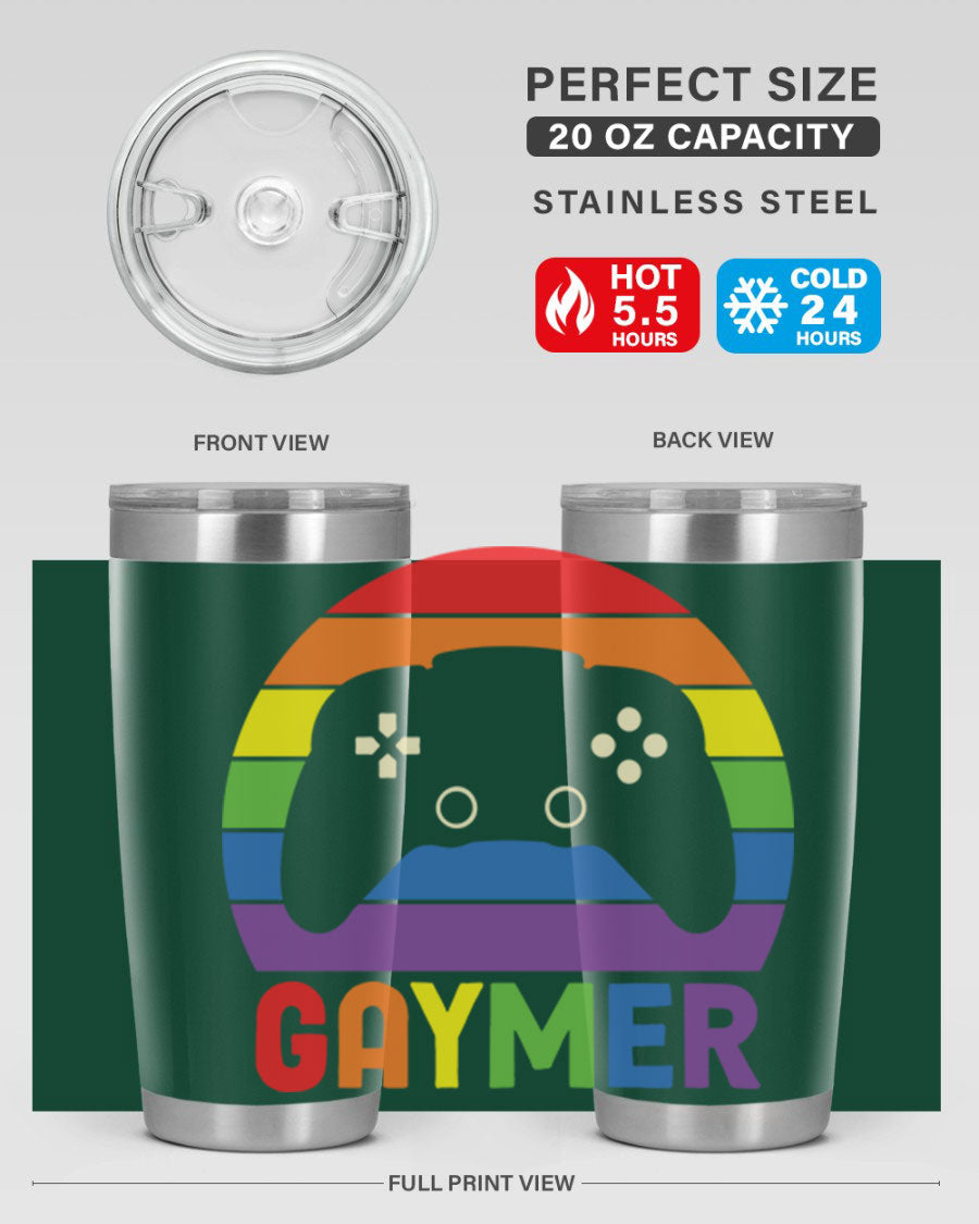 Gaymer LGBT Gamer Rainbow Flag Tumbler showcasing vibrant colors and double wall stainless steel design, perfect for hot and cold beverages.