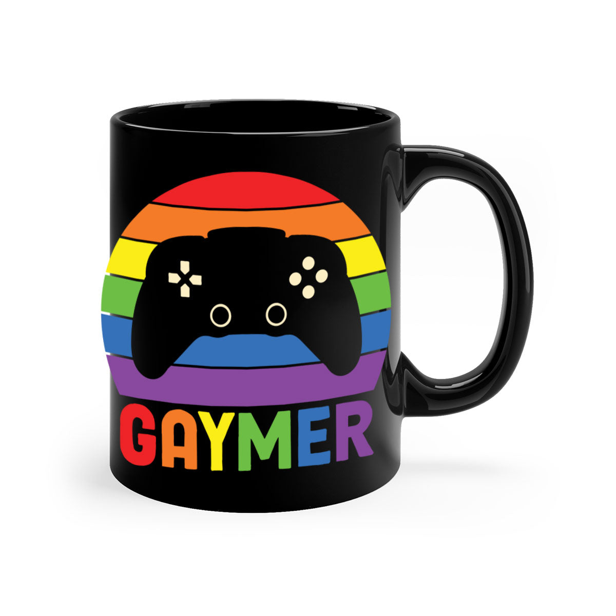 A vibrant gaymer LGBT gamer mug featuring a rainbow flag design with a glossy finish and a colored handle.