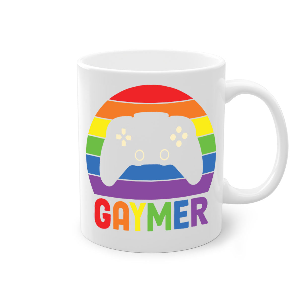 A vibrant gaymer LGBT gamer mug featuring a rainbow flag design with a glossy finish and a colored handle.