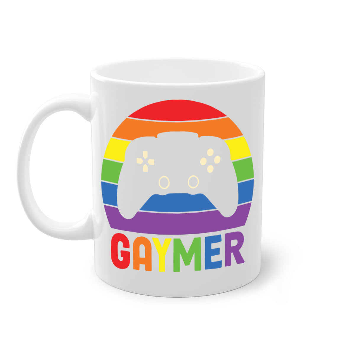 A vibrant gaymer LGBT gamer mug featuring a rainbow flag design with a glossy finish and a colored handle.