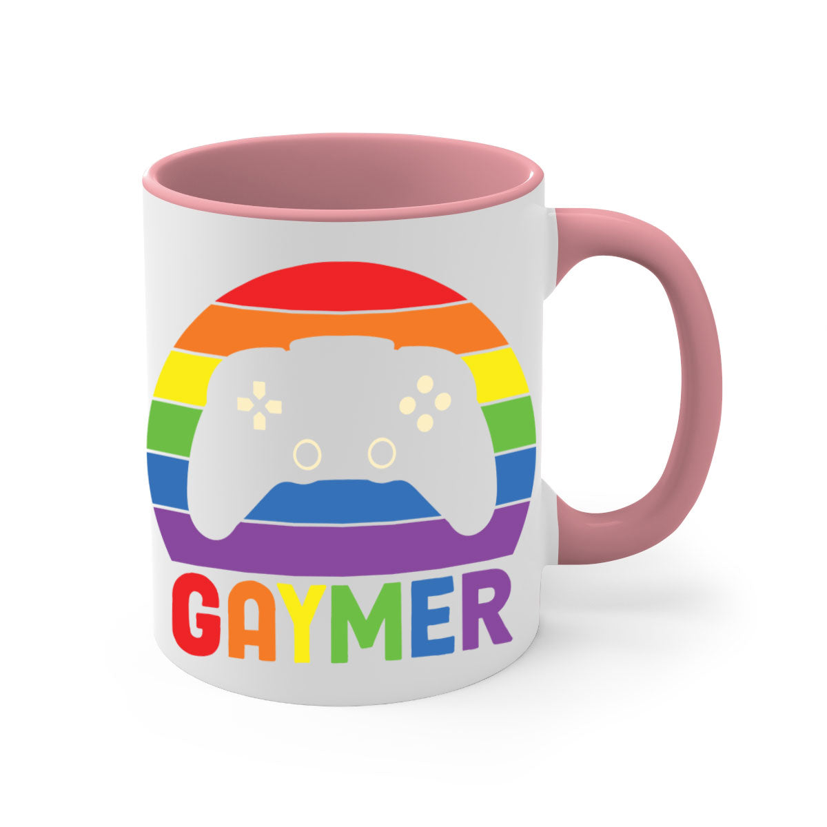 A vibrant gaymer LGBT gamer mug featuring a rainbow flag design with a glossy finish and a colored handle.