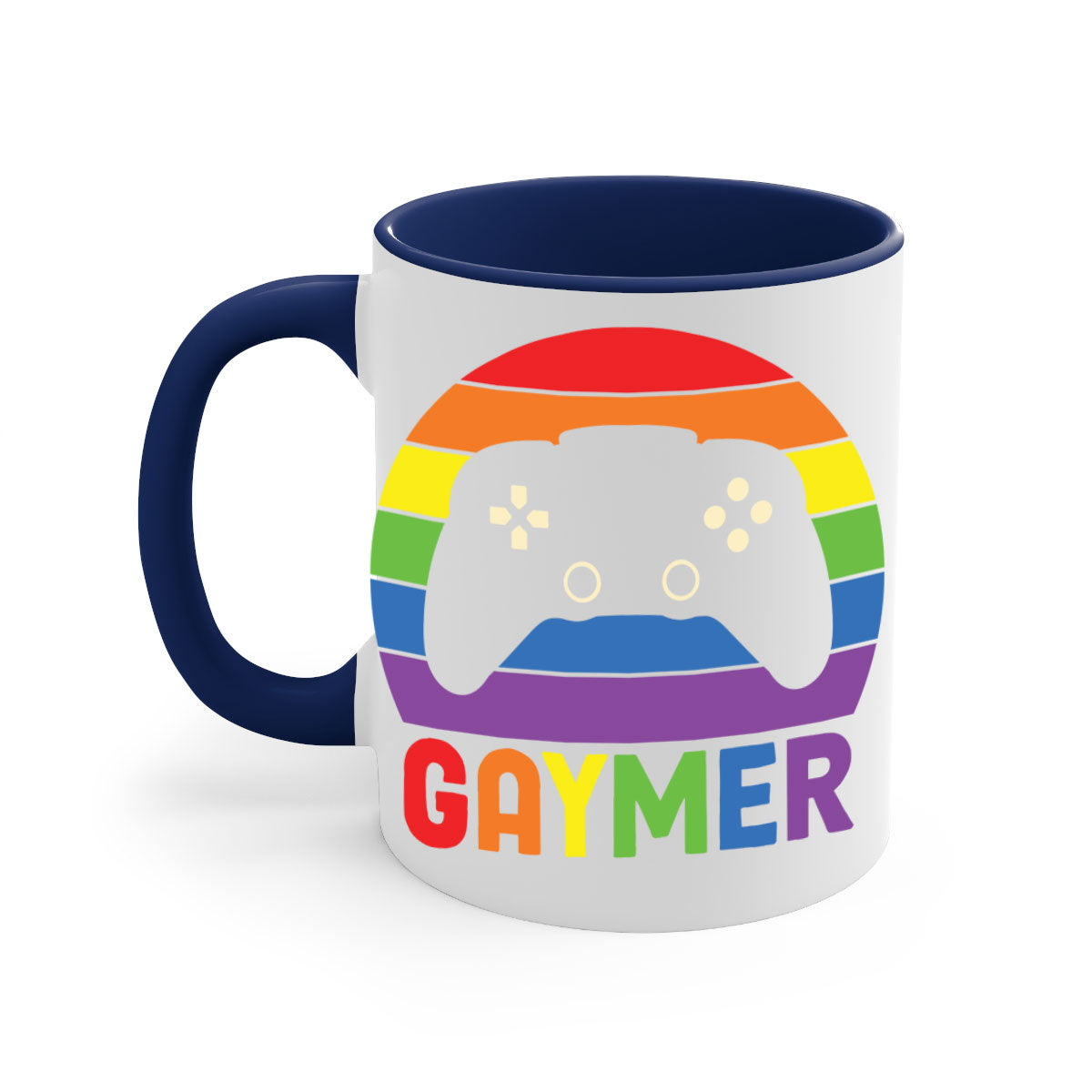 A vibrant gaymer LGBT gamer mug featuring a rainbow flag design with a glossy finish and a colored handle.