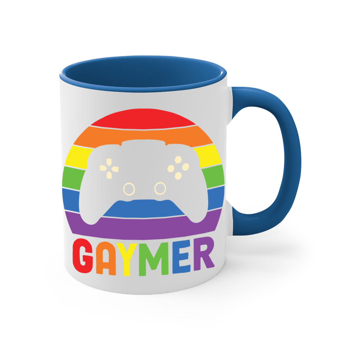 A vibrant gaymer LGBT gamer mug featuring a rainbow flag design with a glossy finish and a colored handle.