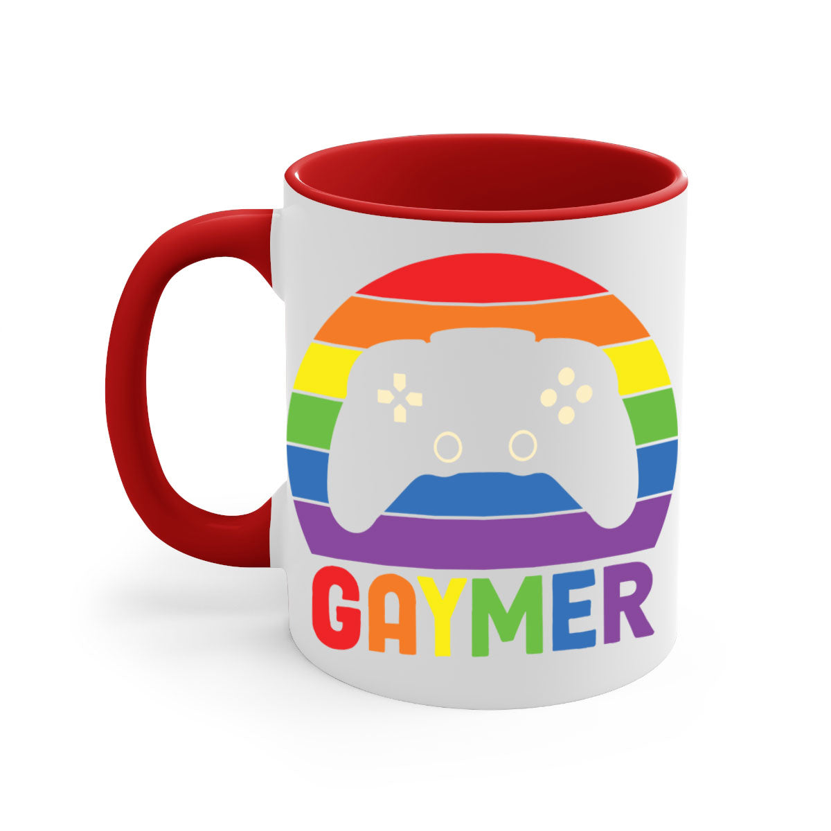 A vibrant gaymer LGBT gamer mug featuring a rainbow flag design with a glossy finish and a colored handle.