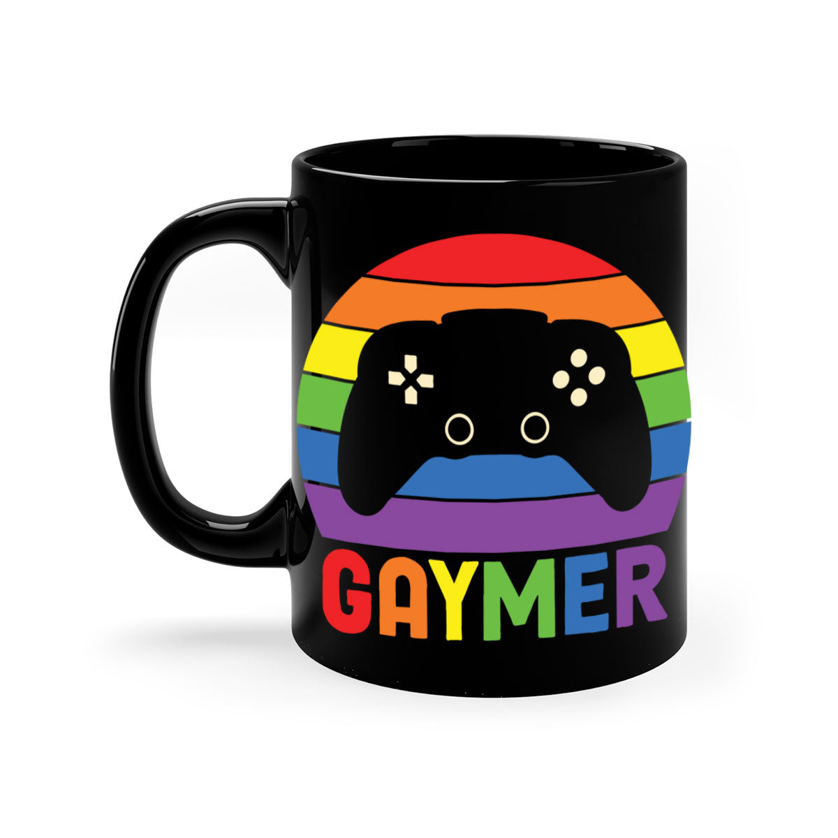 A vibrant gaymer LGBT gamer mug featuring a rainbow flag design with a glossy finish and a colored handle.