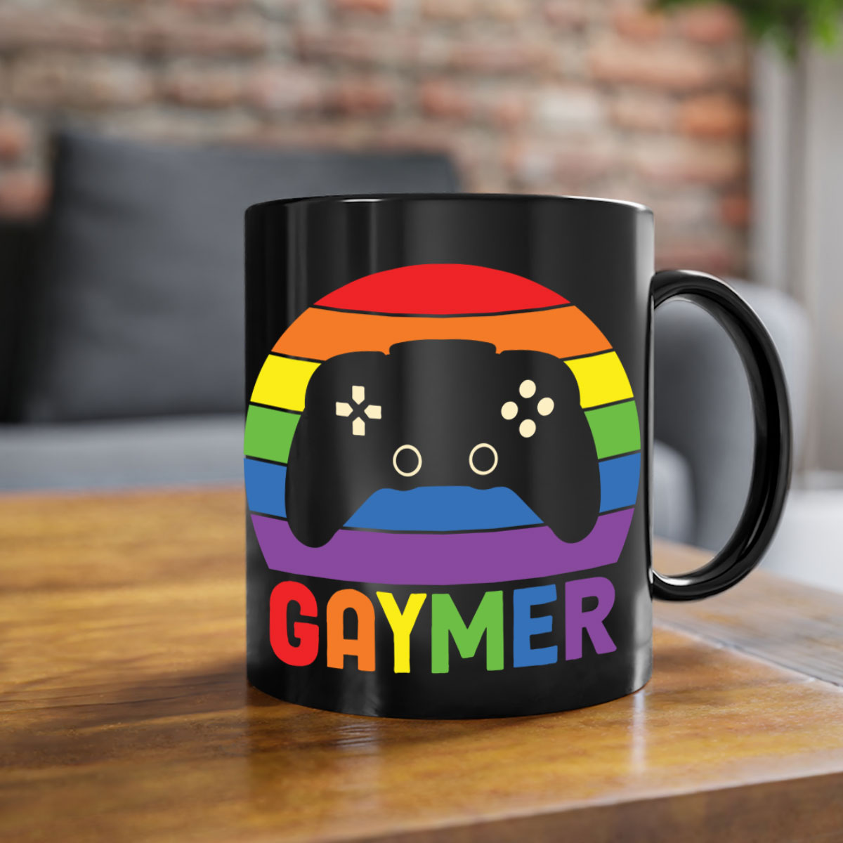 A vibrant gaymer LGBT gamer mug featuring a rainbow flag design with a glossy finish and a colored handle.