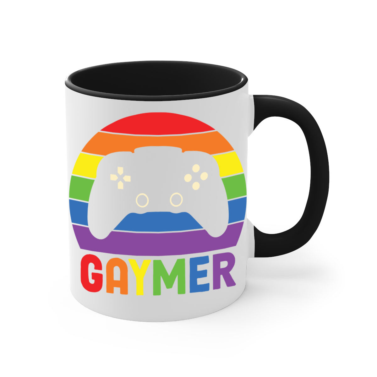 A vibrant gaymer LGBT gamer mug featuring a rainbow flag design with a glossy finish and a colored handle.
