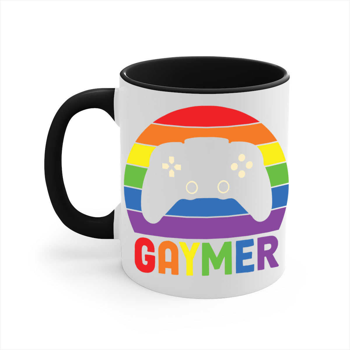 A vibrant gaymer LGBT gamer mug featuring a rainbow flag design with a glossy finish and a colored handle.