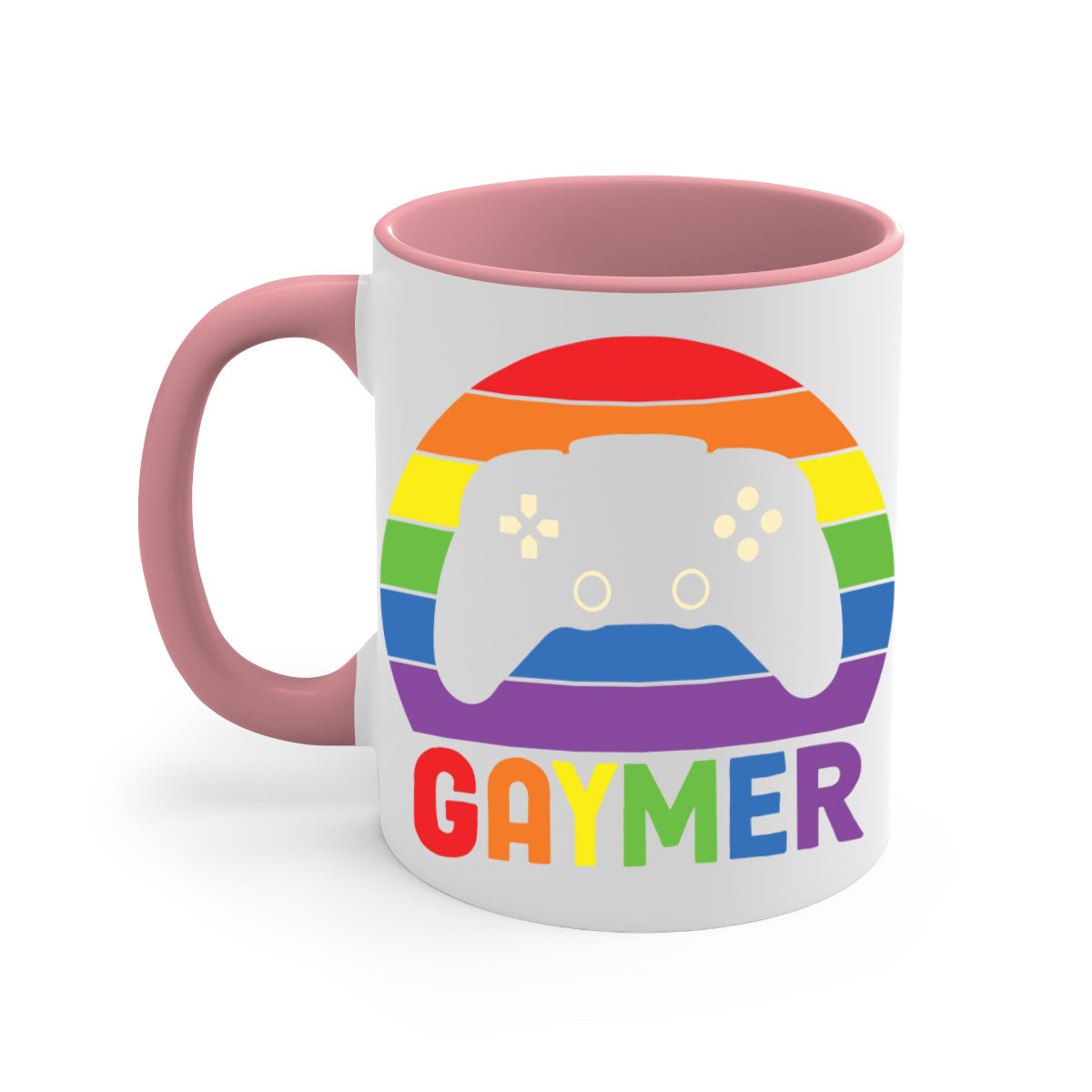 A vibrant gaymer LGBT gamer mug featuring a rainbow flag design with a glossy finish and a colored handle.