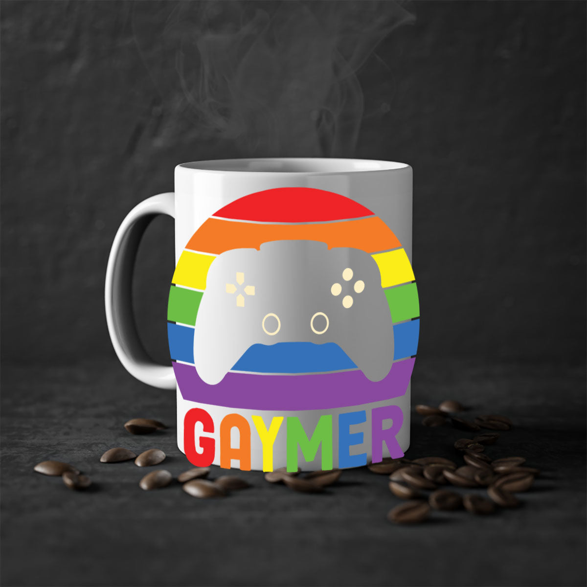 A vibrant gaymer LGBT gamer mug featuring a rainbow flag design with a glossy finish and a colored handle.