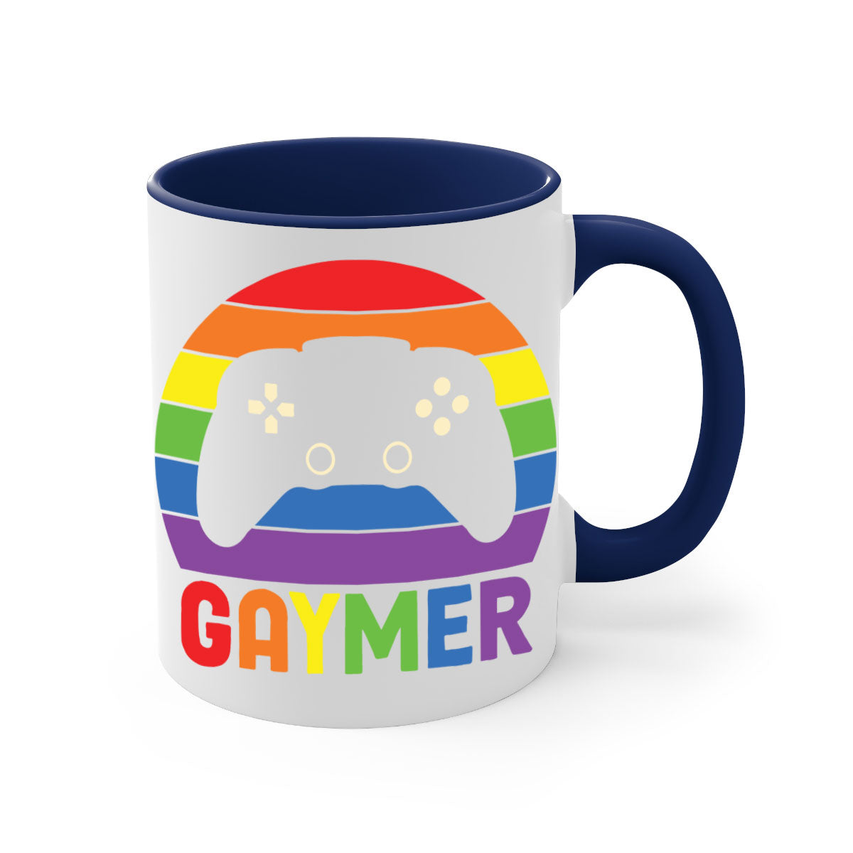 A vibrant gaymer LGBT gamer mug featuring a rainbow flag design with a glossy finish and a colored handle.