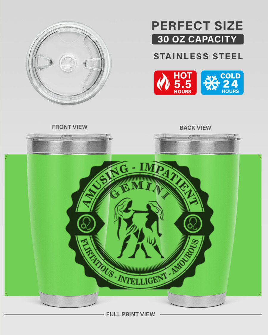 Gemini 11# zodiac tumbler in stainless steel with a vibrant design, showcasing its double wall vacuum insulation and drink-thru lid.