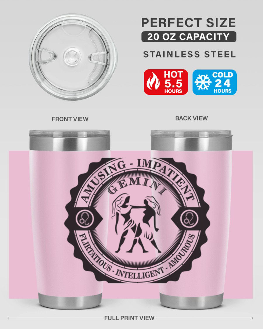 Gemini 11# zodiac tumbler in stainless steel with a vibrant design, showcasing its double wall vacuum insulation and drink-thru lid.