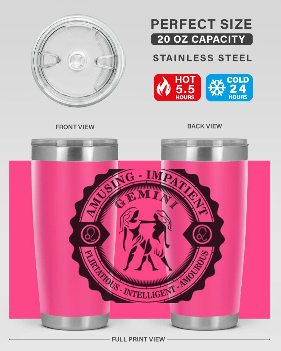 Gemini 11# zodiac tumbler in stainless steel with a vibrant design, showcasing its double wall vacuum insulation and drink-thru lid.