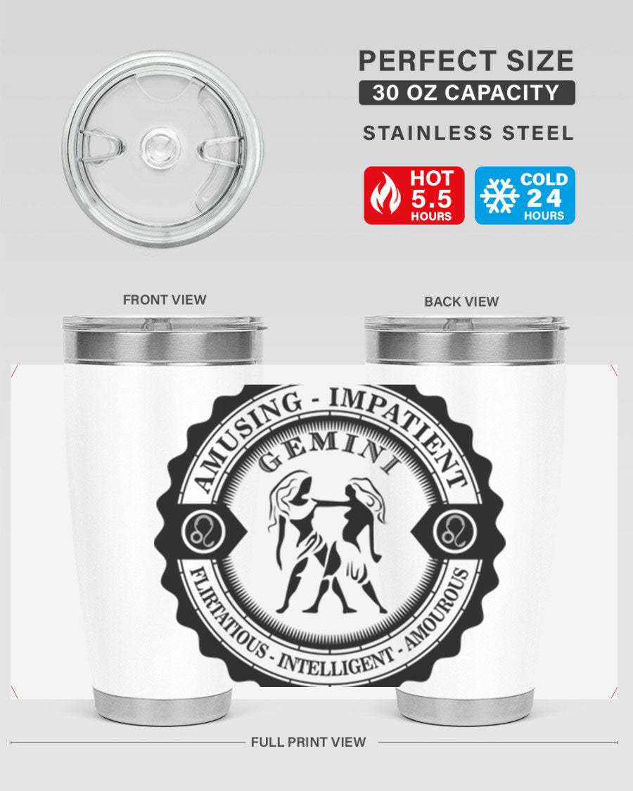 Gemini 11# zodiac tumbler in stainless steel with a vibrant design, showcasing its double wall vacuum insulation and drink-thru lid.